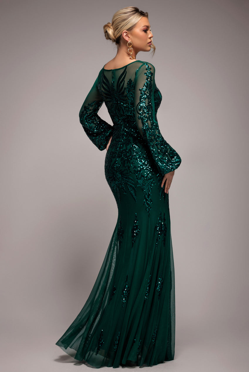 Goddiva Embellished Sequin Bishop Sleeve Maxi Dress - Emerald Green