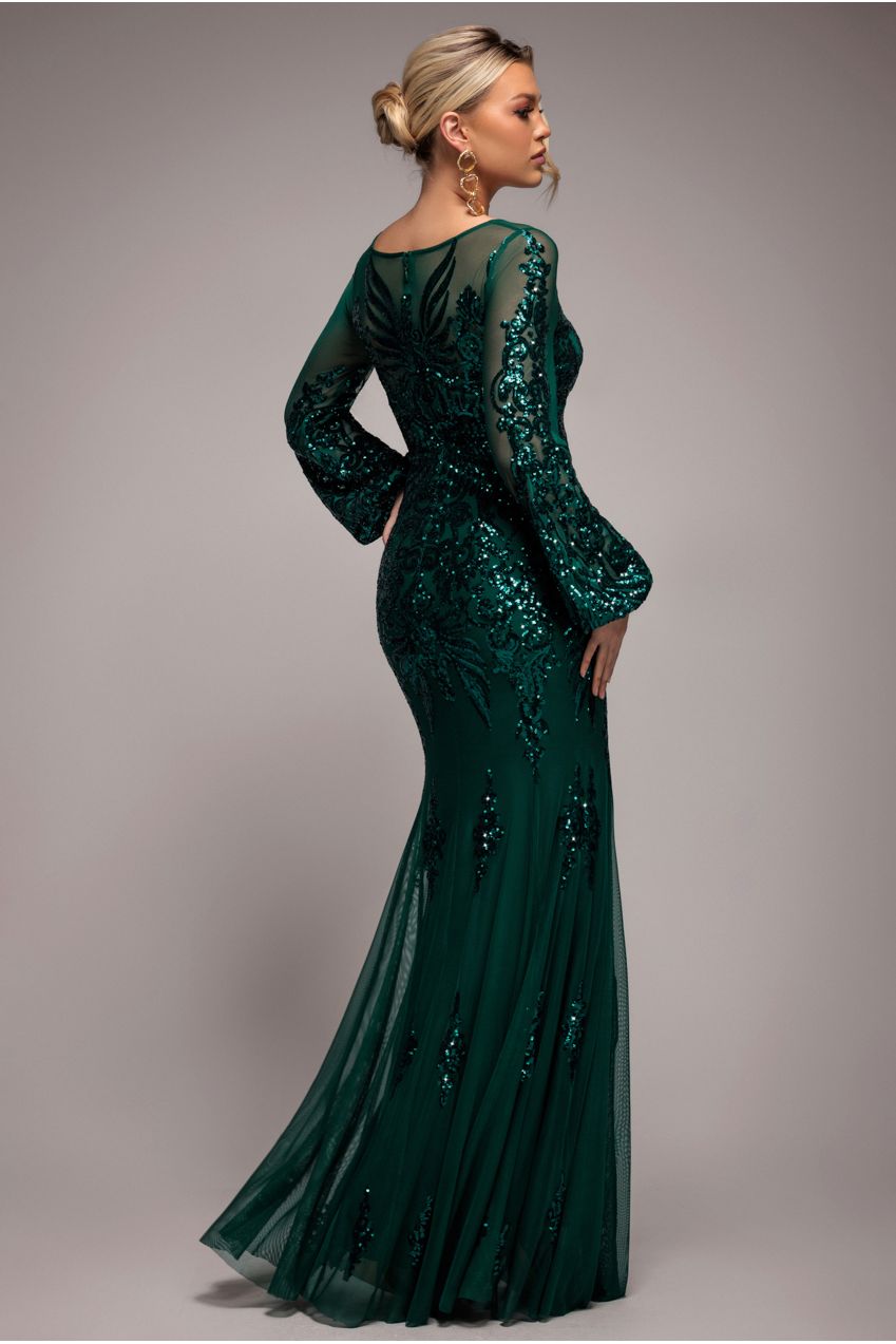 Goddiva Embellished Sequin Bishop Sleeve Maxi Dress - Emerald Green
