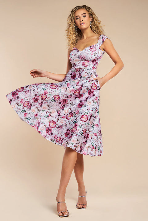 Goddiva Floral Print A-Line Sweetheart Midi Dress - Blush Pink