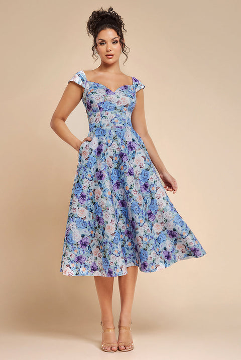 Goddiva Floral Print A-Line Sweetheart Midi Dress - Powder Blue