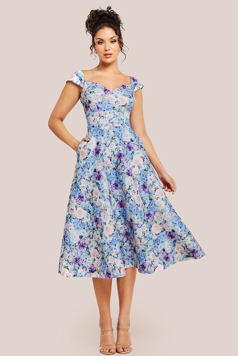 Goddiva Floral Print A-Line Sweetheart Midi Dress - Powder Blue