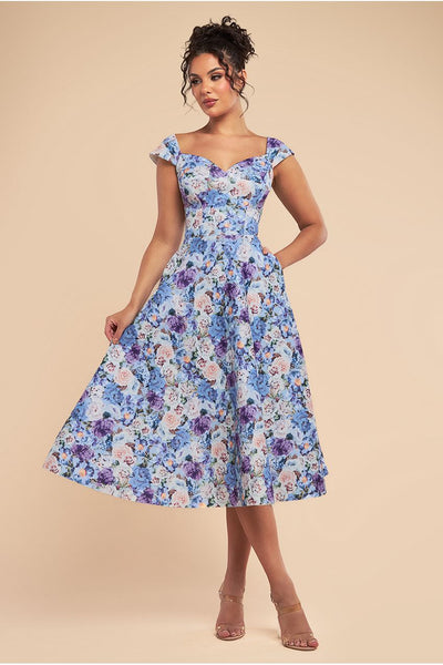 PowderBlue - Goddiva Floral Print A-Line Sweetheart Midi Dress - Powder Blue