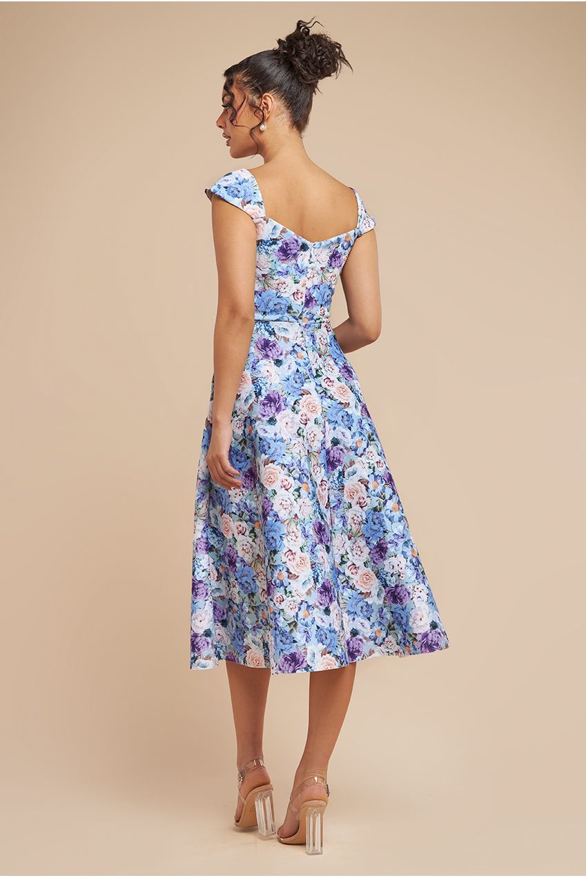 Goddiva Floral Print A-Line Sweetheart Midi Dress - Powder Blue