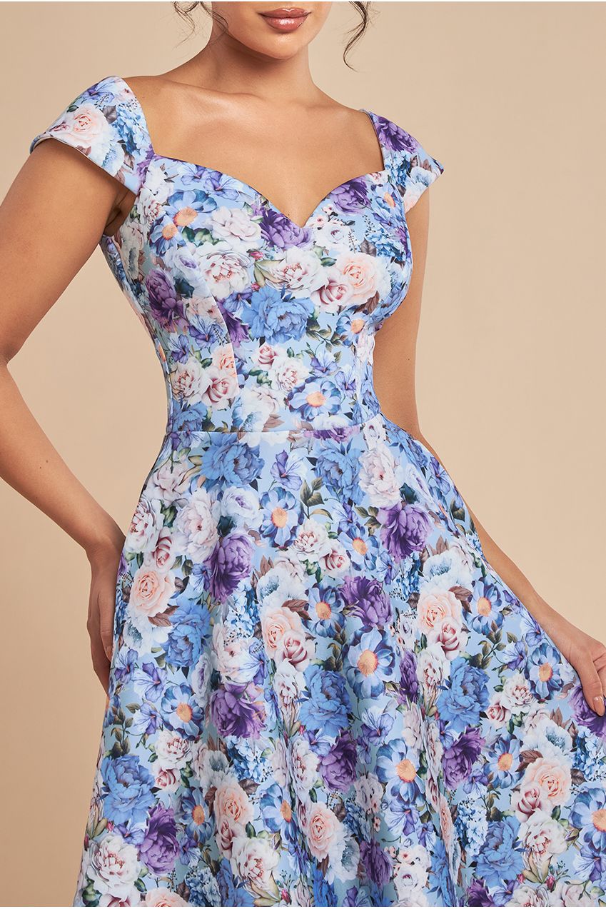 Goddiva Floral Print A-Line Sweetheart Midi Dress - Powder Blue