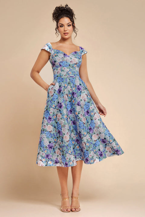 Goddiva Floral Print A-Line Sweetheart Midi Dress - Sage Green