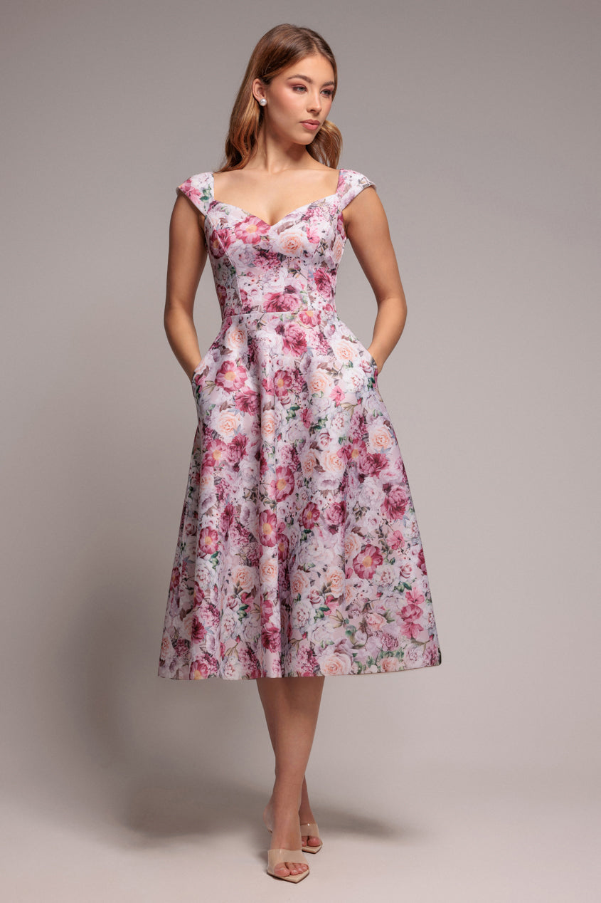 Goddiva Floral Print A-Line Sweetheart Midi Dress - Blush Pink