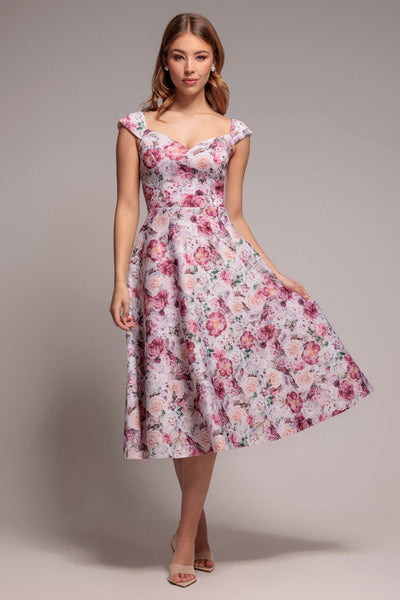 Blush - Goddiva Floral Print A-Line Sweetheart Midi Dress - Blush Pink