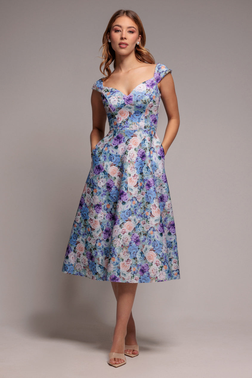 Goddiva Floral Print A-Line Sweetheart Midi Dress - Sage Green