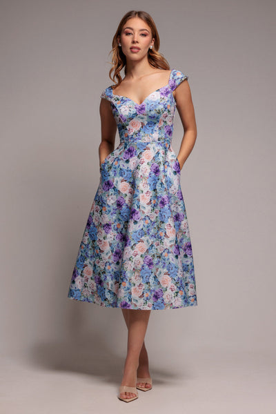 SageGreen - Goddiva Floral Print A-Line Sweetheart Midi Dress - Sage Green
