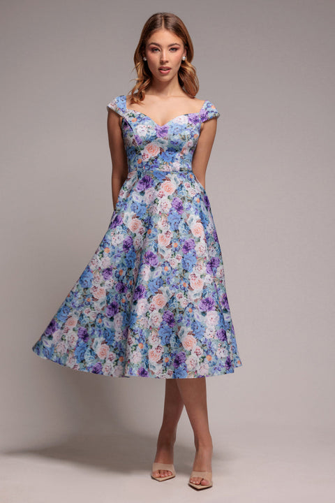 Floral Print A-Line Sweetheart Midi Dress - Sage Green | Goddiva US Floral Print A-Line Sweetheart Midi Dress - Sage Green | Goddiva US