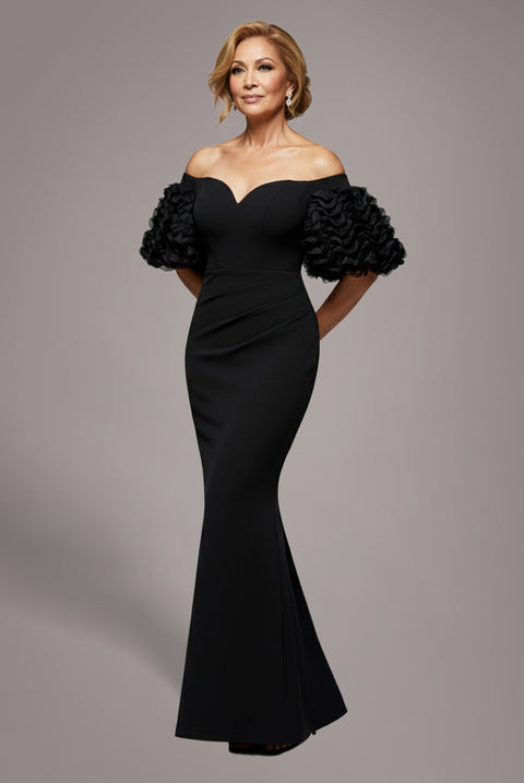 Goddiva Off The Shoulder 3D Puffed Sleeve Sweetheart Maxi Dress - Black