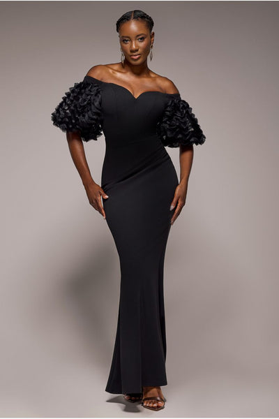Black - Goddiva Off The Shoulder 3D Puffed Sleeve Sweetheart Maxi Dress - Black