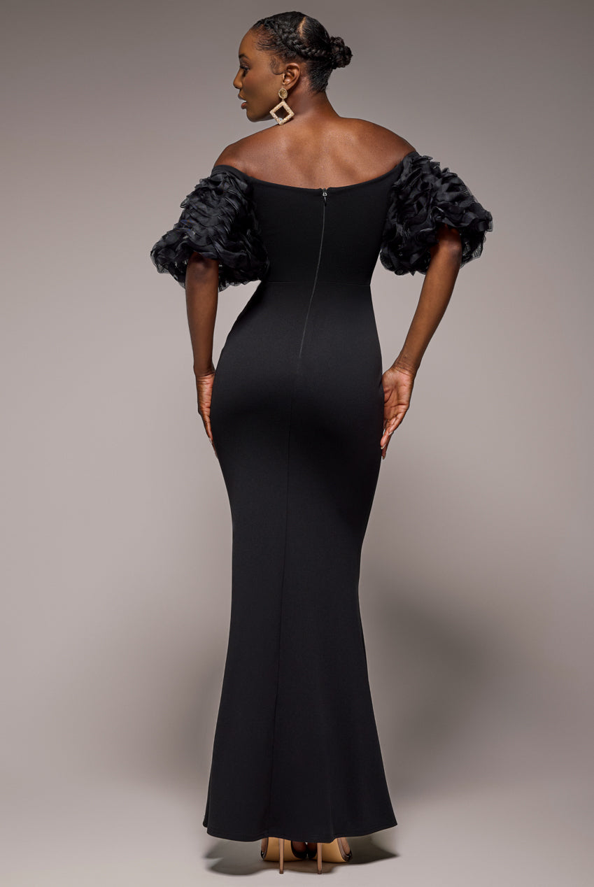 Goddiva Off The Shoulder 3D Puffed Sleeve Sweetheart Maxi Dress - Black