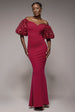 Goddiva Off The Shoulder 3D Puffed Sleeve Sweetheart Maxi Dress - Burgundy