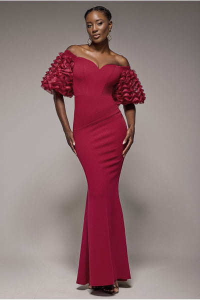 BurgundyRed - Goddiva Off The Shoulder 3D Puffed Sleeve Sweetheart Maxi Dress - Burgundy
