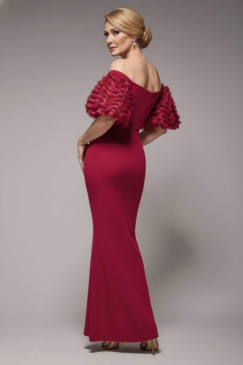 Goddiva Off The Shoulder 3D Puffed Sleeve Sweetheart Maxi Dress - Burgundy