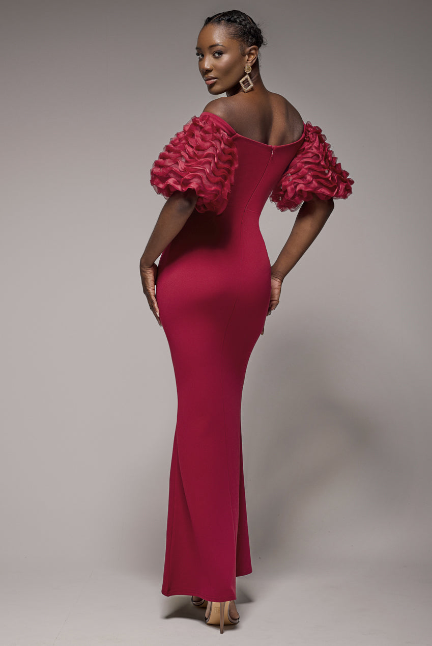 Goddiva Off The Shoulder 3D Puffed Sleeve Sweetheart Maxi Dress - Burgundy
