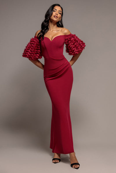 Goddiva Off The Shoulder 3D Puffed Sleeve Sweetheart Maxi Dress - Burgundy