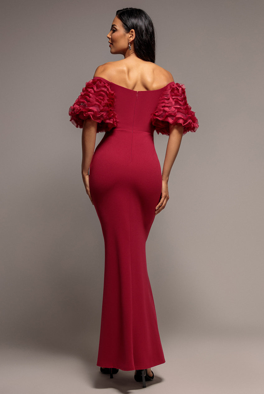 Goddiva Off The Shoulder 3D Puffed Sleeve Sweetheart Maxi Dress - Burgundy