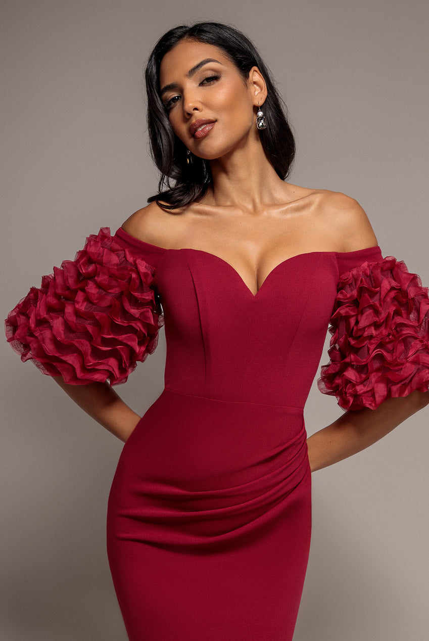 Goddiva Off The Shoulder 3D Puffed Sleeve Sweetheart Maxi Dress - Burgundy