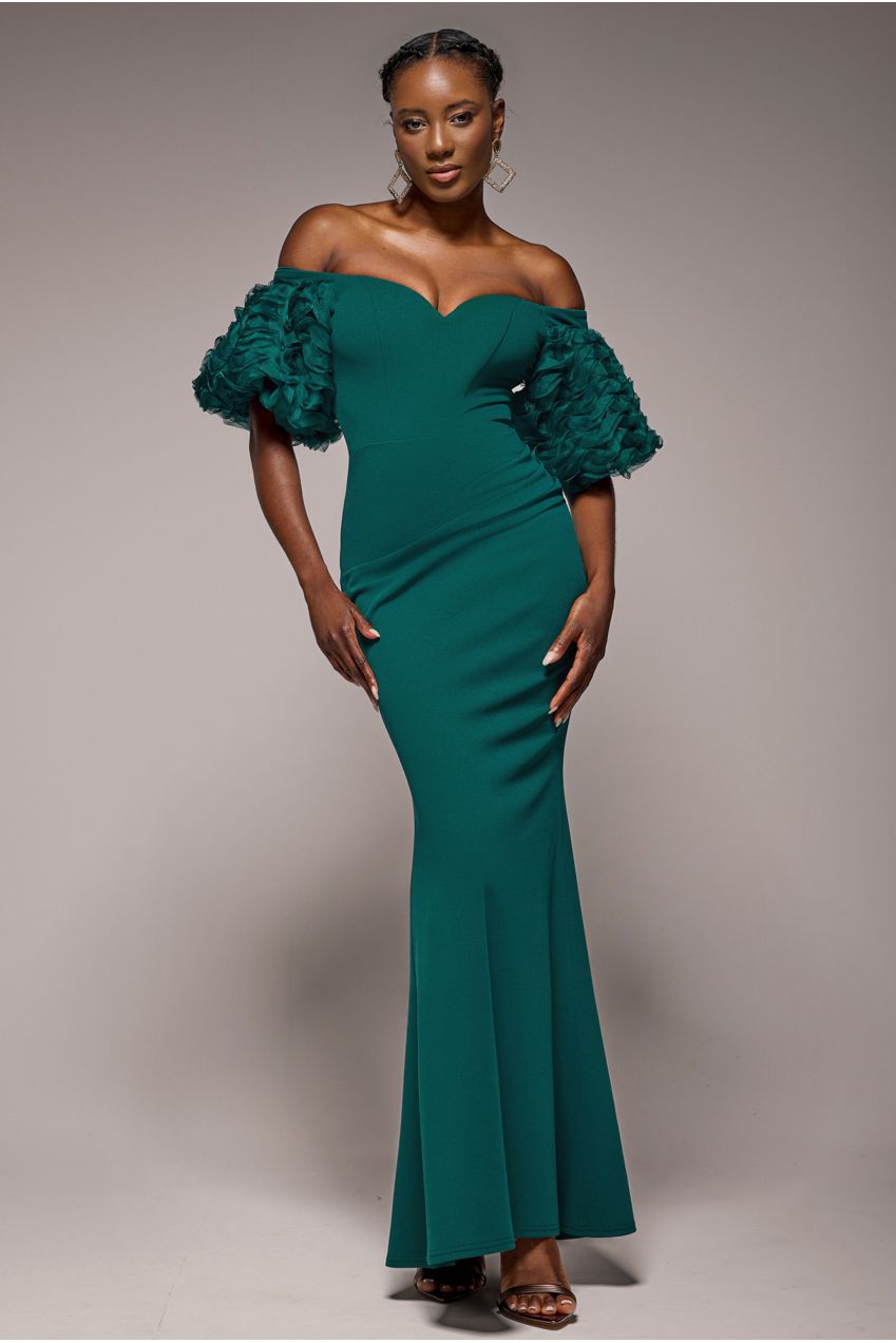 Goddiva Off The Shoulder 3D Puffed Sleeve Sweetheart Maxi Dress - Emerald Green