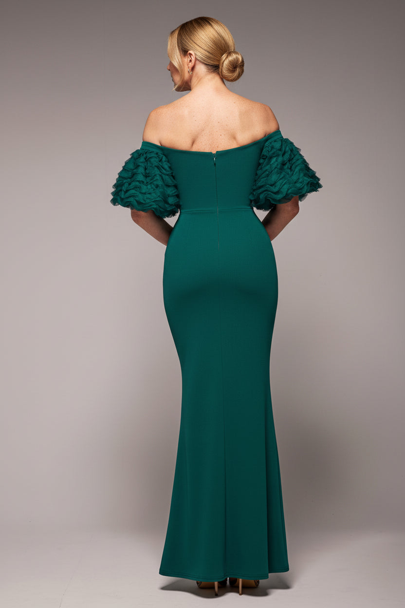 Goddiva Off The Shoulder 3D Puffed Sleeve Sweetheart Maxi Dress - Emerald Green