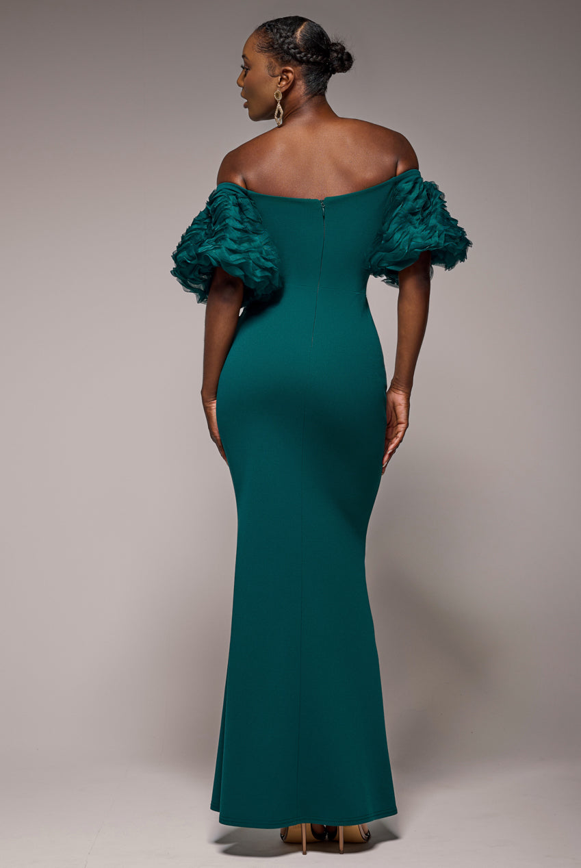 Goddiva Off The Shoulder 3D Puffed Sleeve Sweetheart Maxi Dress - Emerald Green