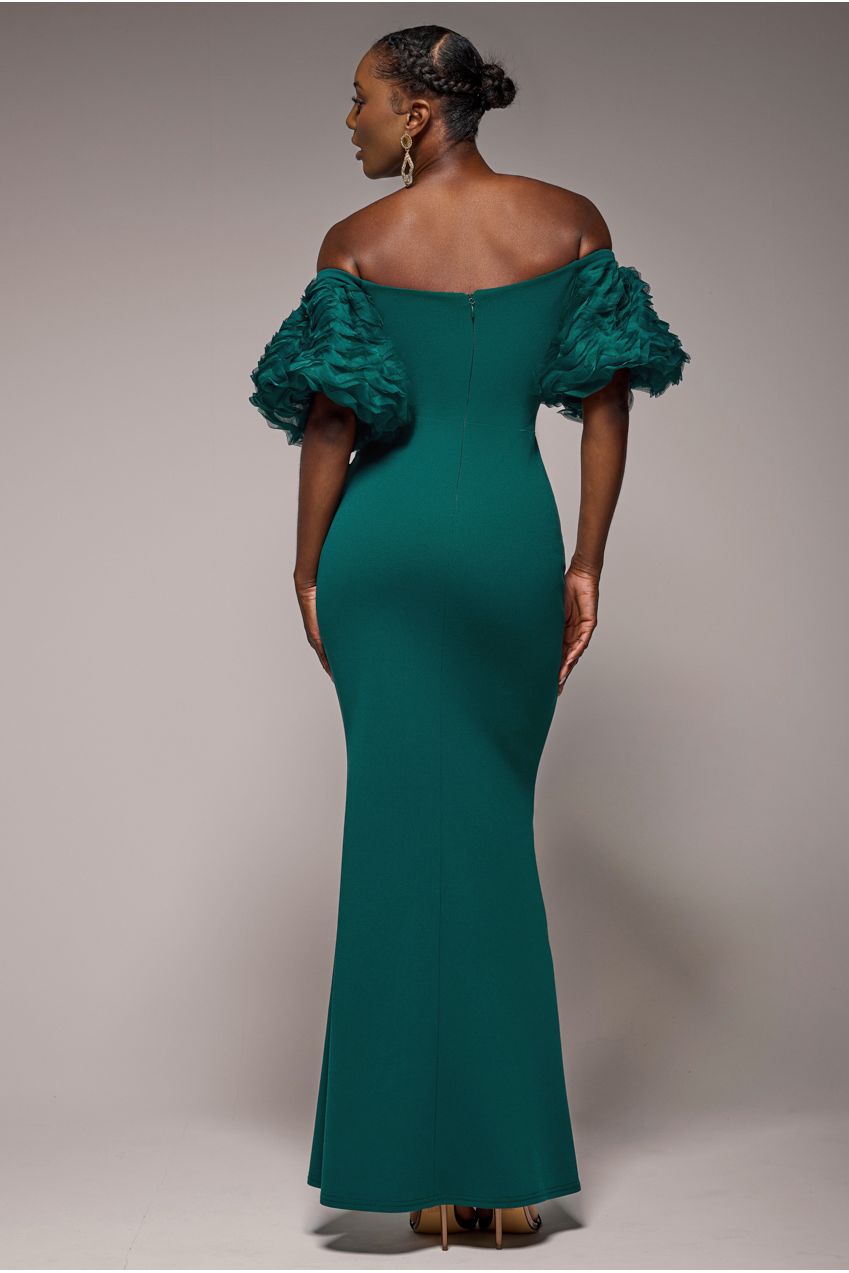 Goddiva Off The Shoulder 3D Puffed Sleeve Sweetheart Maxi Dress - Emerald Green