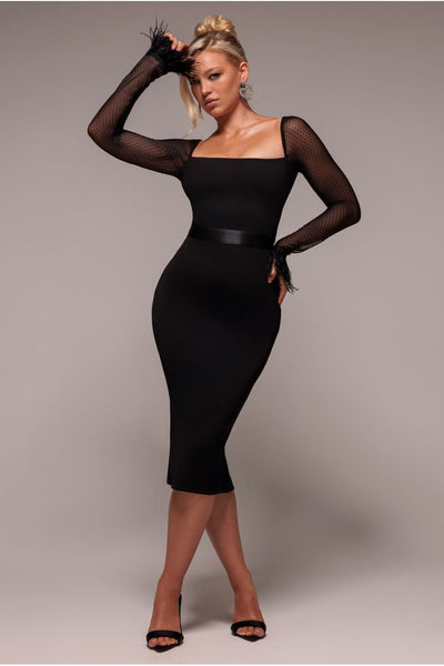 Black - Goddiva Dobby Mesh Feather Sleeve Bodycon Midi Dress - Black