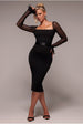 Goddiva Dobby Mesh Feather Sleeve Bodycon Midi Dress - Black