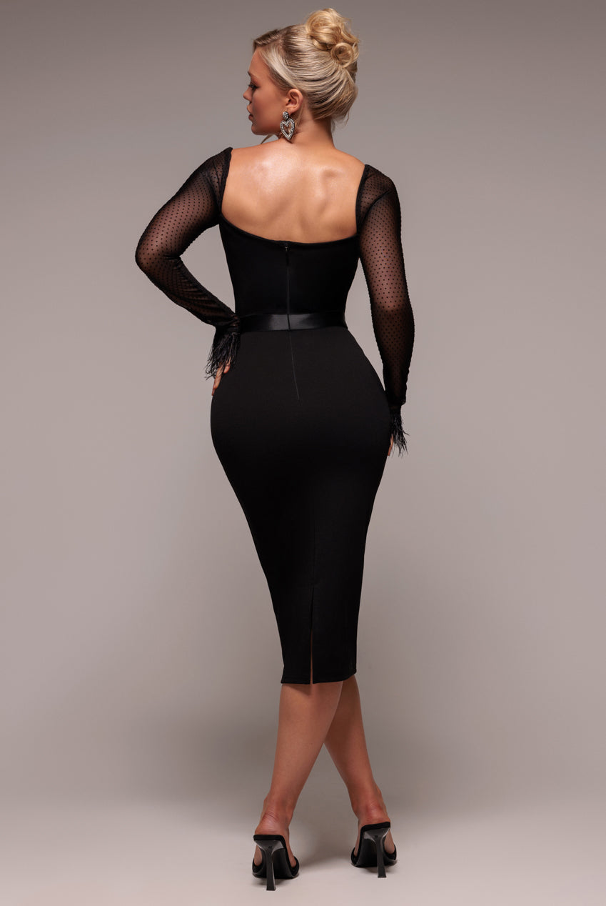 Goddiva Dobby Mesh Feather Sleeve Bodycon Midi Dress - Black