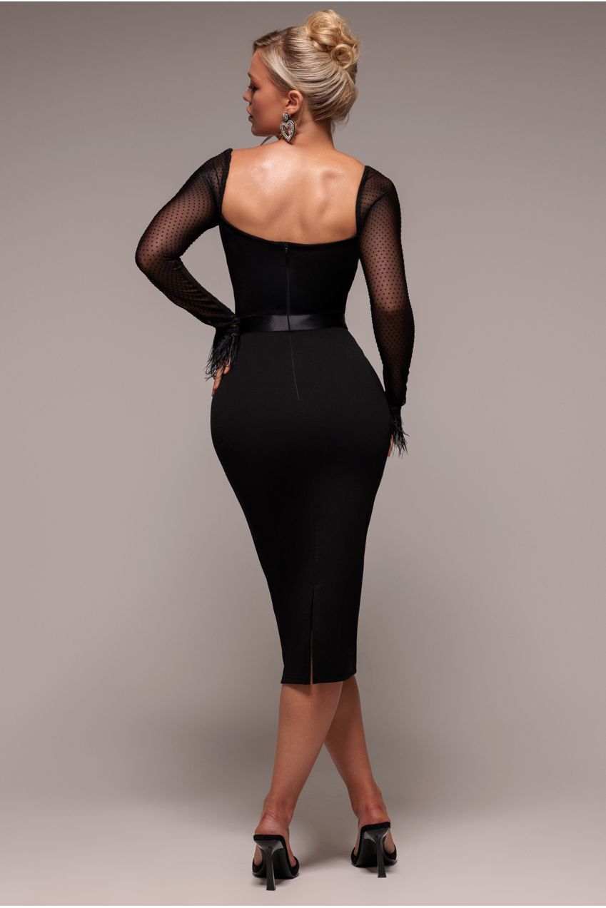 Goddiva Dobby Mesh Feather Sleeve Bodycon Midi Dress - Black