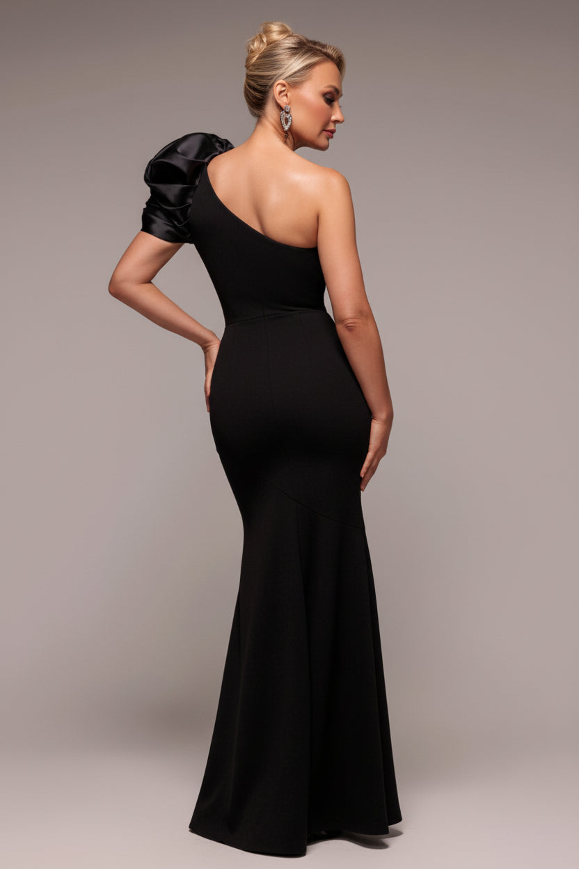 Goddiva One Shoulder Puffed Satin Sleeve Evening Maxi Dress - Black