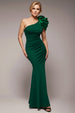 Goddiva One Shoulder Puffed Satin Sleeve Evening Maxi Dress - Emerald Green