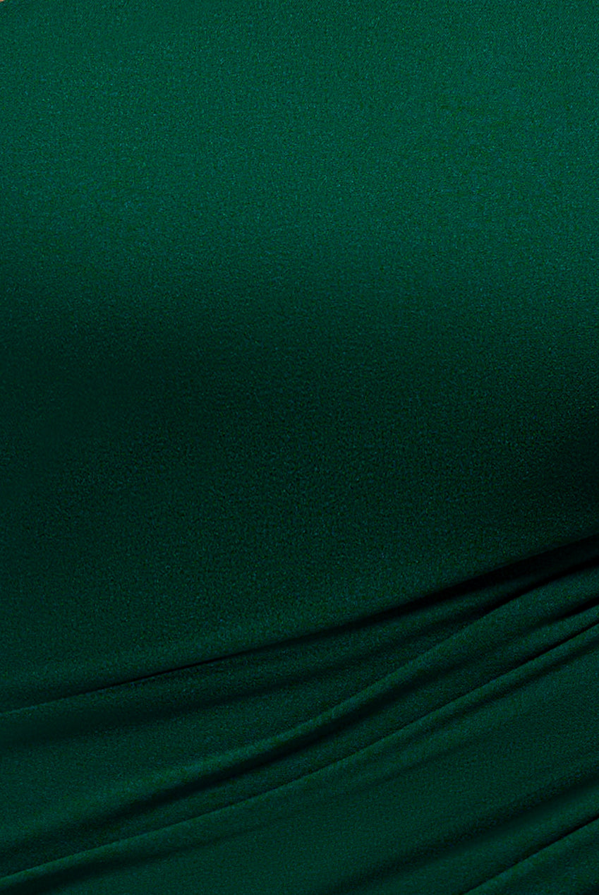 Goddiva One Shoulder Puffed Satin Sleeve Evening Maxi Dress - Emerald Green