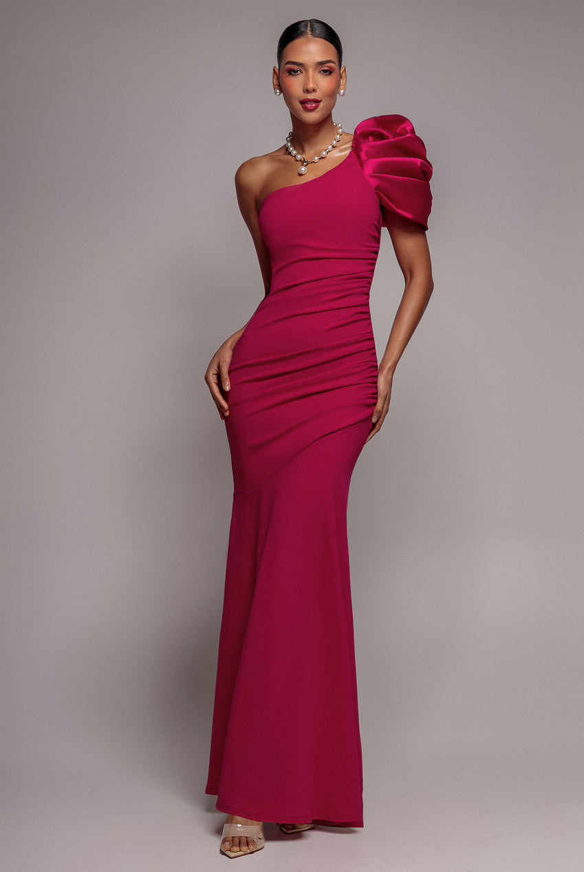 Goddiva One Shoulder Puffed Satin Sleeve Evening Maxi Dress