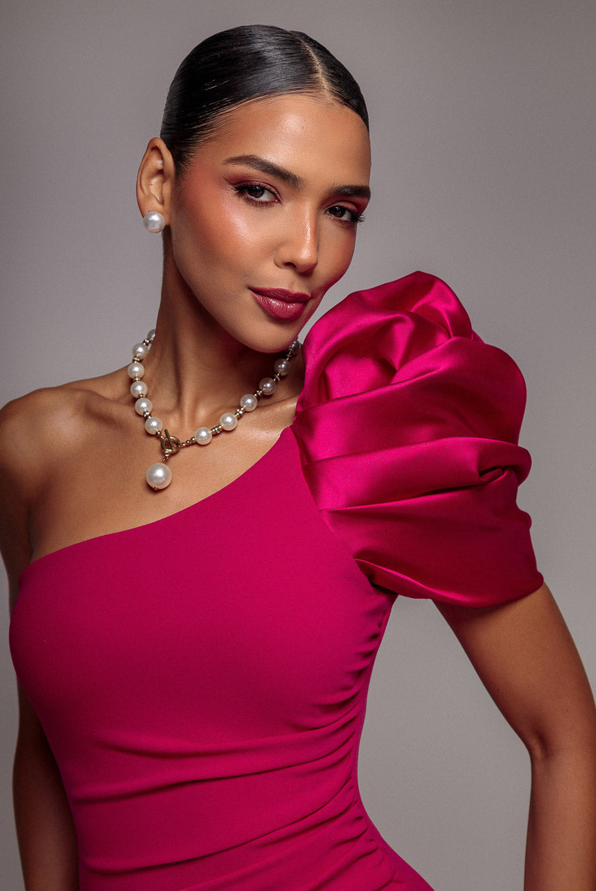 Goddiva One Shoulder Puffed Satin Sleeve Evening Maxi Dress - Magenta