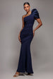 Goddiva One Shoulder Puffed Satin Sleeve Evening Maxi Dress - Navy Blue