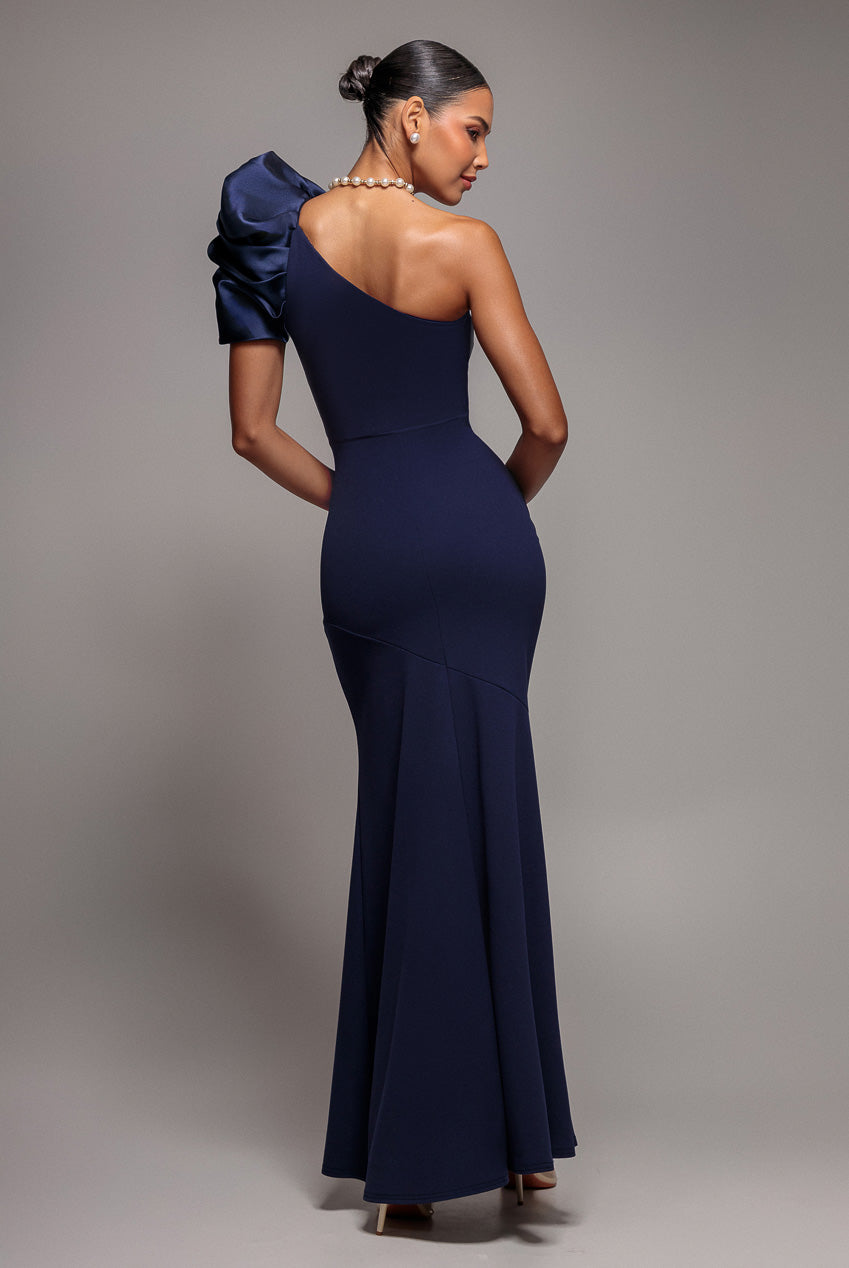 Goddiva One Shoulder Puffed Satin Sleeve Evening Maxi Dress - Navy Blue