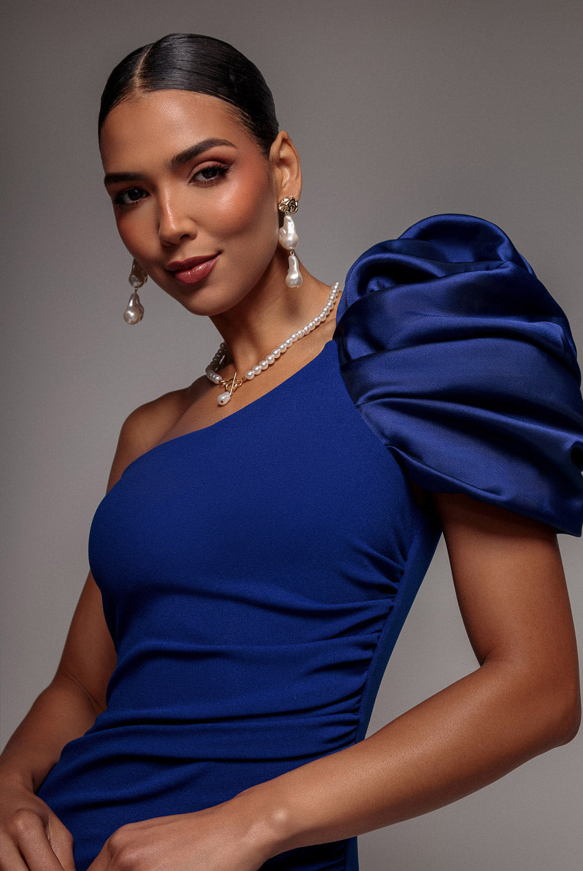 Goddiva One Shoulder Puffed Satin Sleeve Evening Maxi Dress - Royal Blue