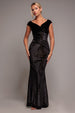 Goddiva Shimmer Velvet Bardot Maxi Dress - Black Gold