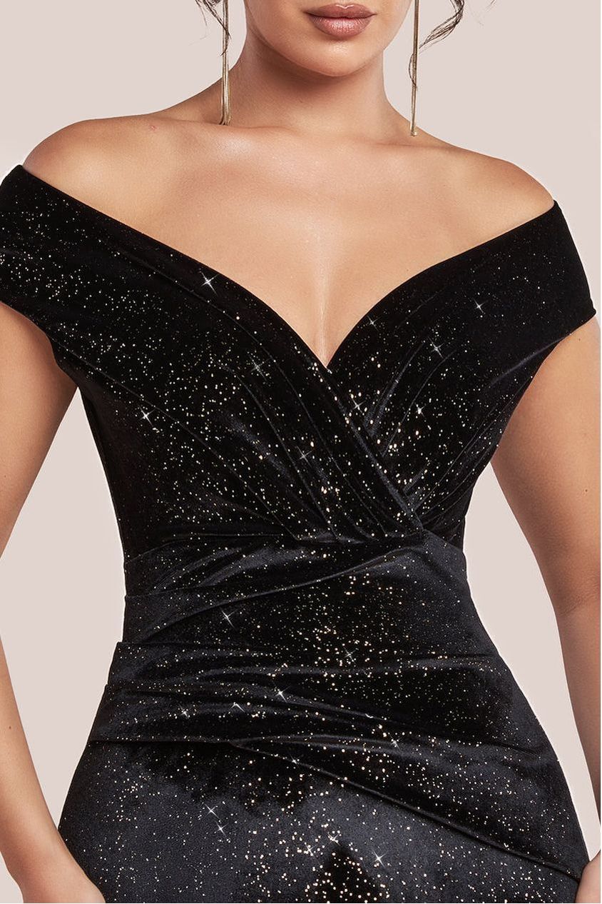 Goddiva Shimmer Velvet Bardot Maxi Dress - Black Gold
