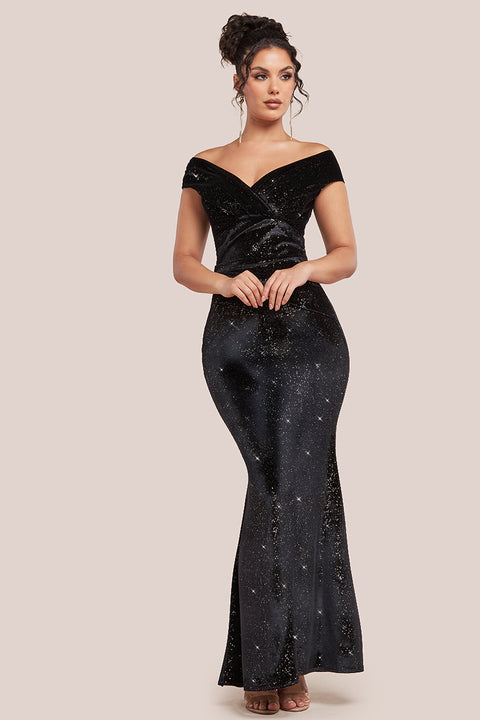 Goddiva Shimmer Velvet Bardot Maxi Dress - Black Gold