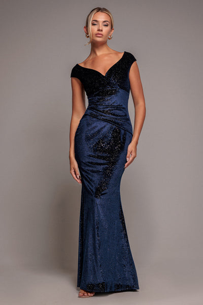Navy - Goddiva Shimmer Velvet Bardot Maxi Dress - Navy