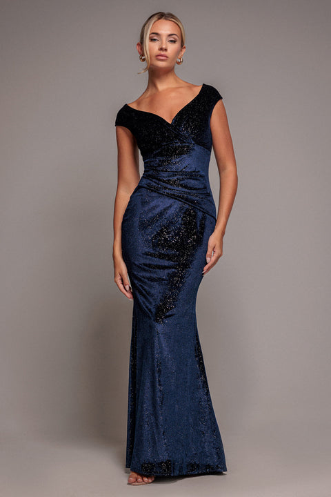 Goddiva Shimmer Velvet Bardot Maxi Dress - Navy