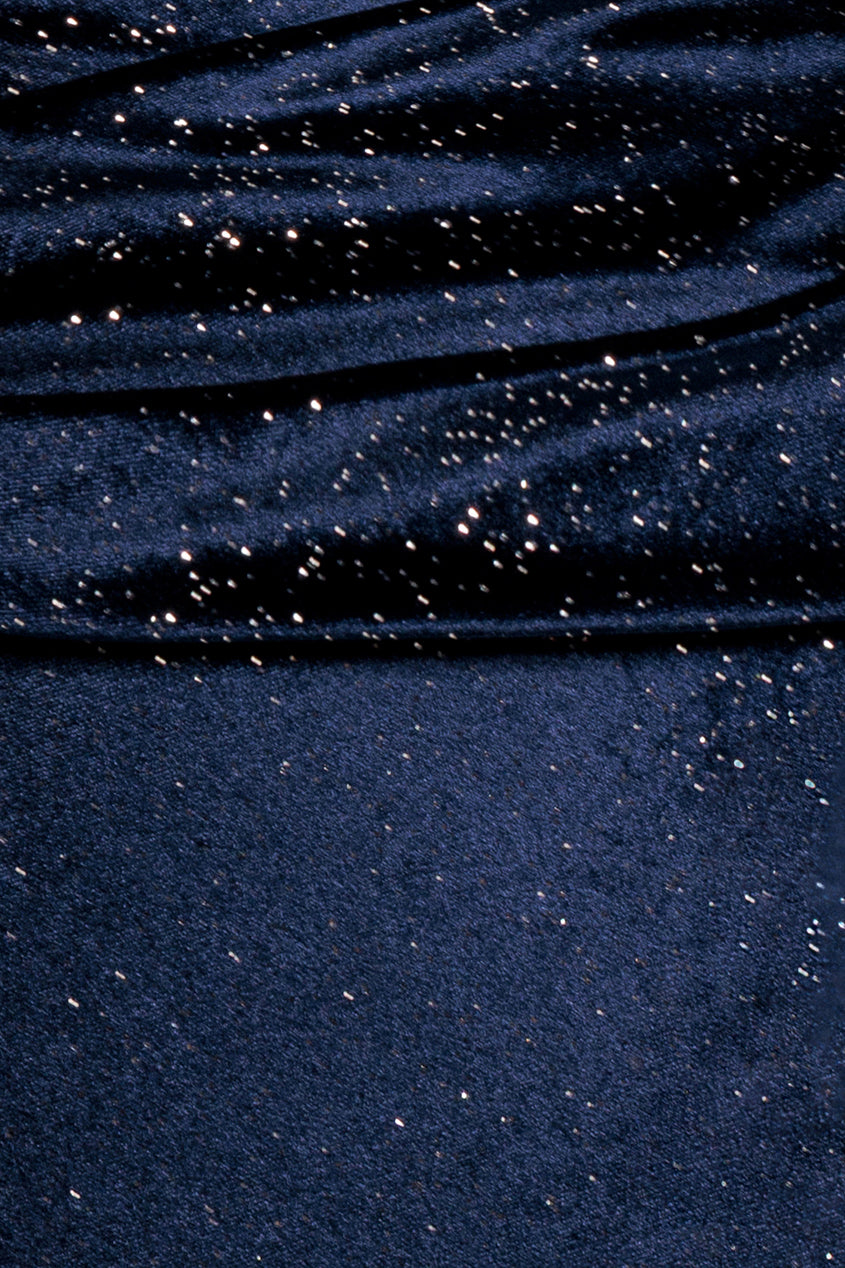 Goddiva Shimmer Velvet Bardot Maxi Dress - Navy