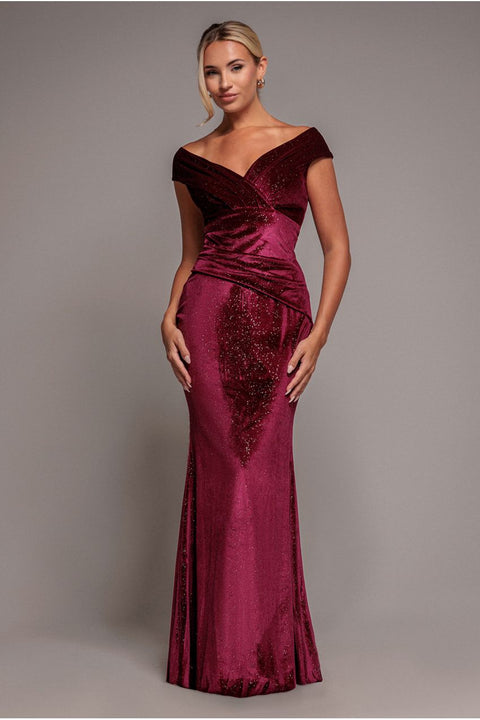 Goddiva Shimmer Velvet Bardot Maxi Dress - Wine