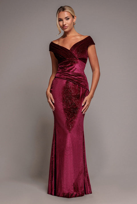 Goddiva Shimmer Velvet Bardot Maxi Dress - Wine