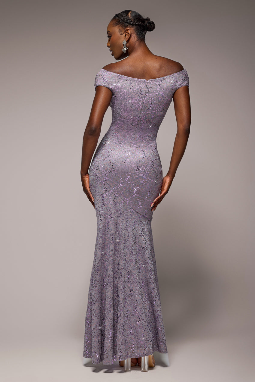 Goddiva Cowl Neck Sequin Lace Maxi Dress - Dusky Purple