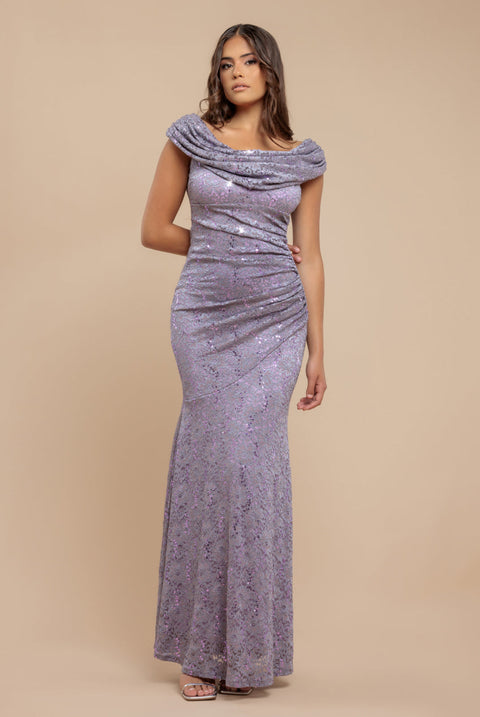 Goddiva Cowl Neck Sequin Lace Maxi Dress - Dusky Purple